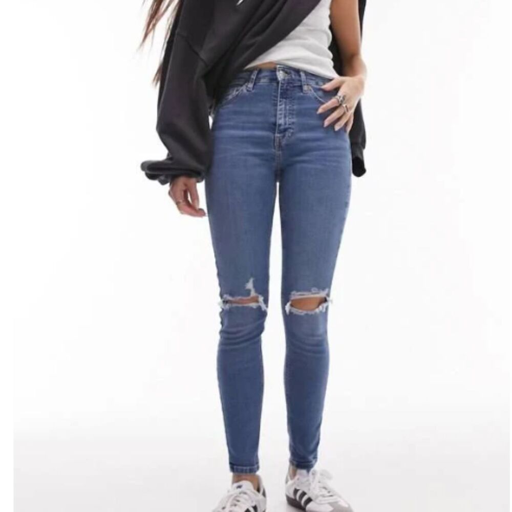 TOPSHOP Jamie Skinny Jeans Women’s Size 28 6 Distressed Knee Ankle Jeggings Blue